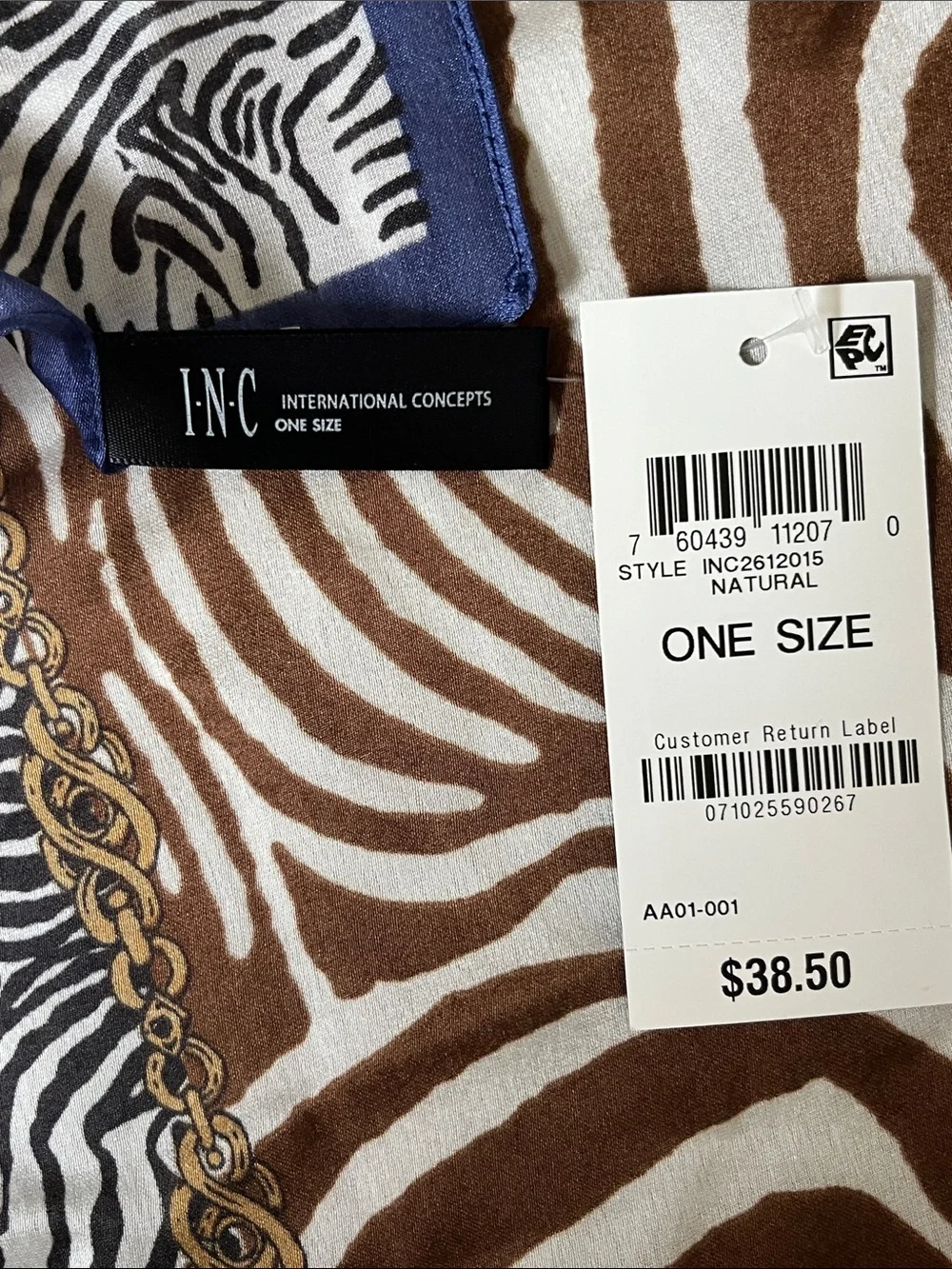 NWT Inc Zebra Print Scarf in Beige, Black, Brown & Blue